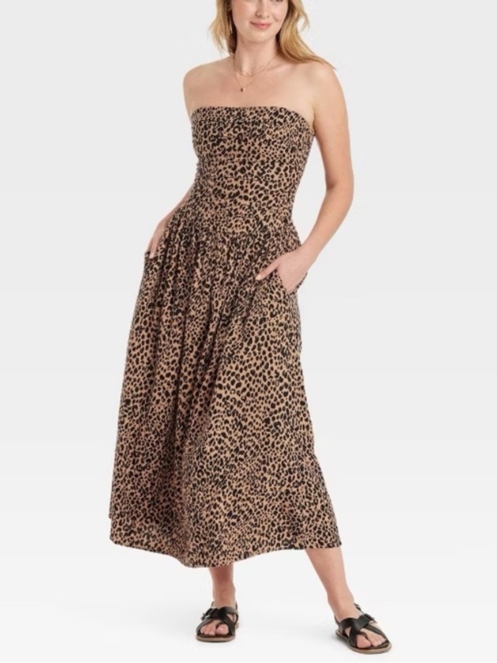 Universal Thread Strapless Leopard-Print Midi Dress in Tan and Black